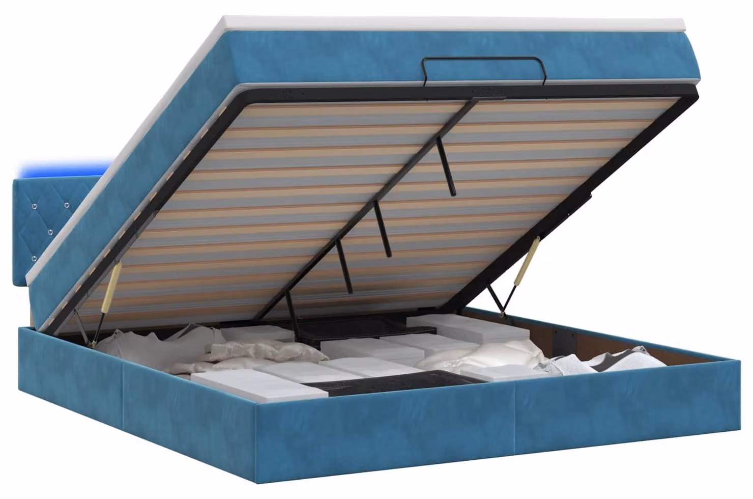 Panca contenitore con materasso e illuminazione LED, colore blu scuro, 160 x 200 cm, rivestita in velluto
