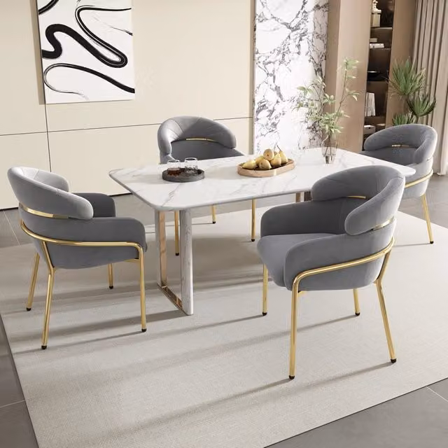 Set di 4 sedie da pranzo in velluto grigio con quattro gambe in metallo per soggiorno e camera da letto