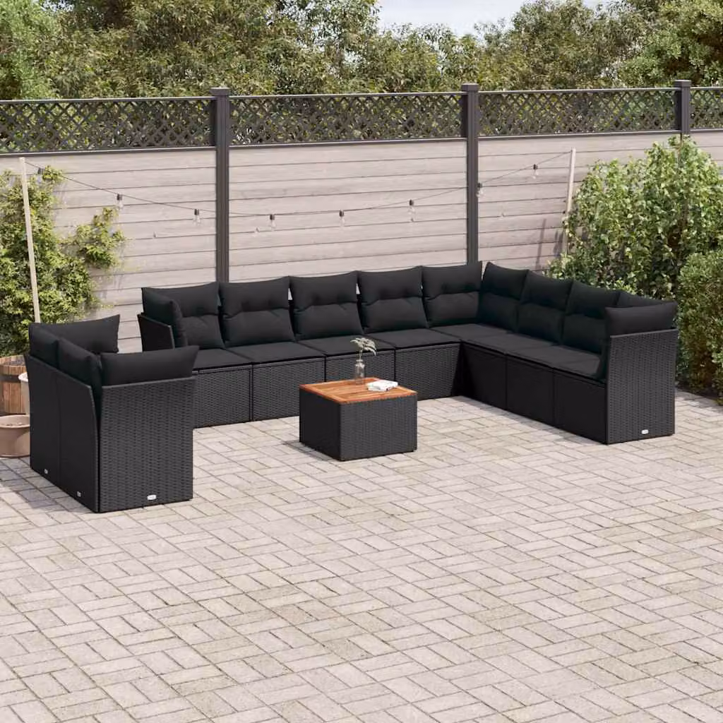 vidaXL Set Divani da Giardino a L 11 pz in Polyrattan e Legno di Acacia con Cuscini, Tavolino e Struttura in Acciaio, Colore Nero e Marrone – 1