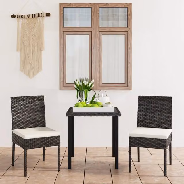 Set da pranzo da giardino 3 pezzi vidaXL in polyrattan nero e beige con piano in vetro e struttura in metallo