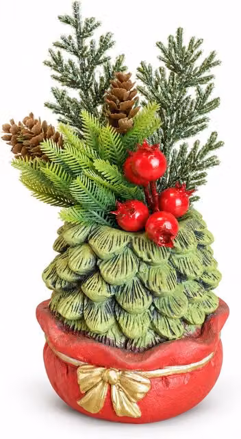 Piantina ornamentale con alberello 20 cm, decorazione natalizia da tavolo con pigne, bacche rosse e fiocco in rilievo, 2 varianti rosso e oro