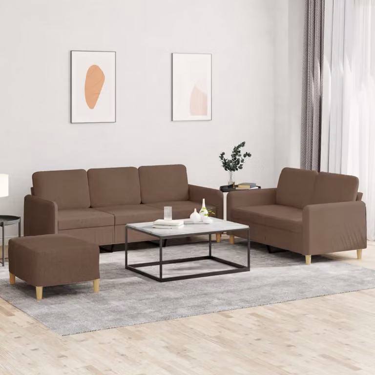 Set di divani moderno vidaXL composto da divano a 3 posti, divano a 2 posti e pouf, colore marrone in tessuto con cuscini inclusi