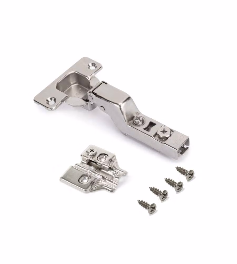 Emuca Kit cerniera collo alto X92 con chiusura ammortizzata e basetta, Basetta a vite, Nichelato, Acciaio.