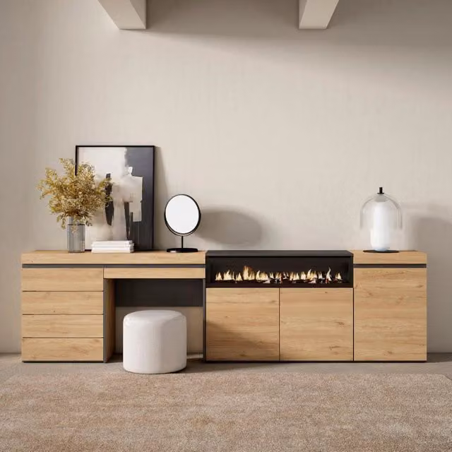 Credenza, 277x35x75cm, Camera da letto, Camino elettrico, Cassettiera, Tavolo da toeletta, colore Rovere RF3413
