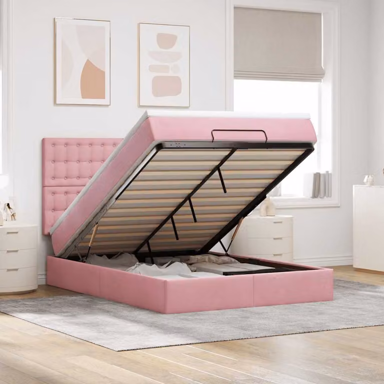 Letto con contenitore a sollevamento vidaXL in velluto rosa e bianco, L/P/H: 200 x 140 x 128 cm