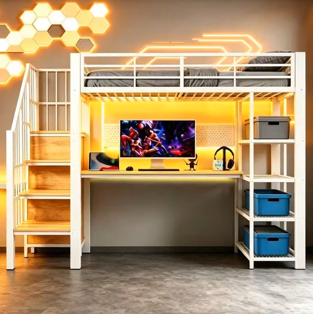 Letto a soppalco 90x200 cm bianco in metallo e legno con scala contenitore