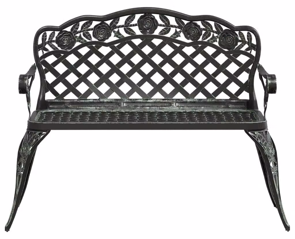 Panca da giardino in alluminio pressofuso - 108 cm - Verde - Resistente agli agenti atmosferici e durevole - Gambe in ghisa - Design romantico con frange - Panca da esterno