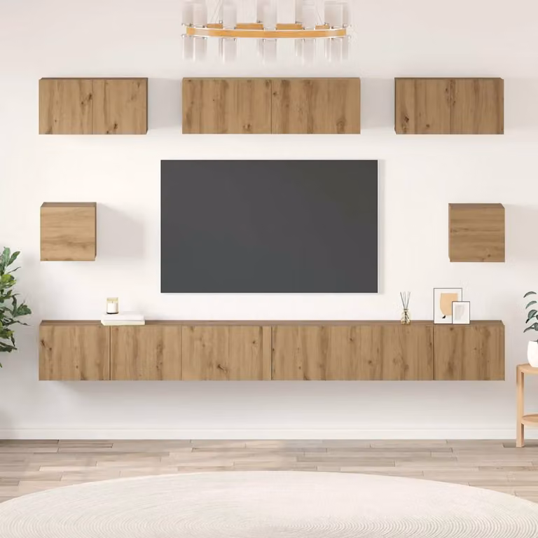Set mobile TV vidaXL 8 pezzi in legno ingegnerizzato Rovere artigianale, colore marrone e beige, design moderno per soggiorno