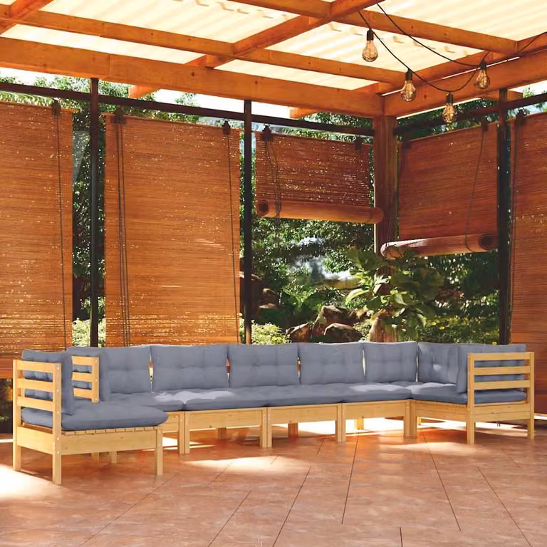 Set di divani da giardino vidaXL a forma di L composto da 8 pezzi in legno massello di pino con cuscini grigi