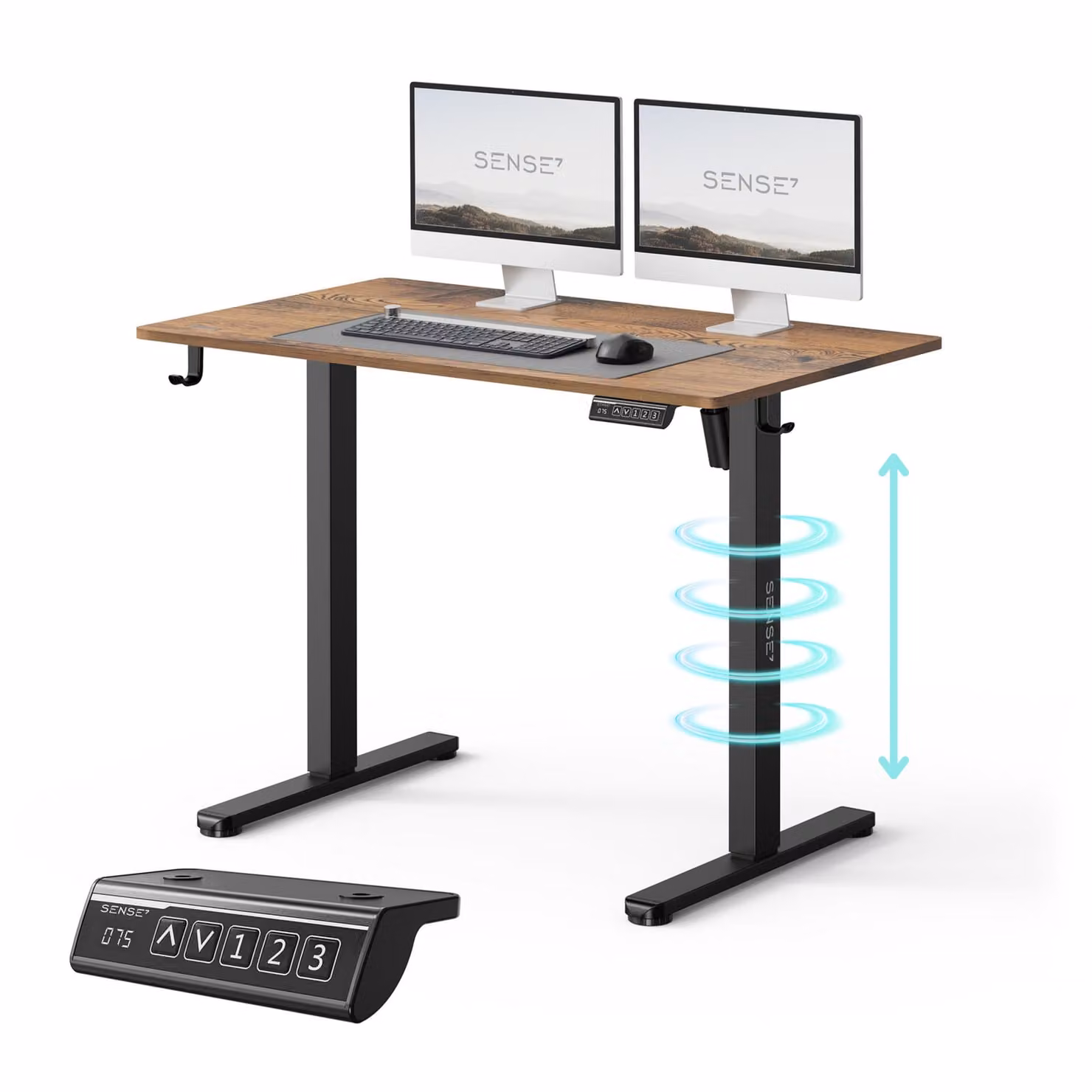SENSE7 NOJO Scrivania regolabile in altezza elettricamente, dimensioni 100x60 cm. Scrivania ergonomica ad altezza regolabile, colore marrone scuro. Funzione di memorizzazione. Struttura della scrivania: nera