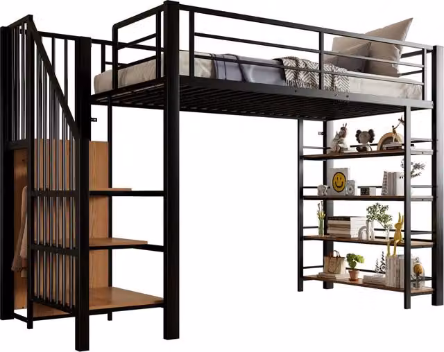 Letto a soppalco singolo in metallo e MDF nero con scala contenitore, armadio e mensole, L/P/H: 90 x 200 x 170.5 cm