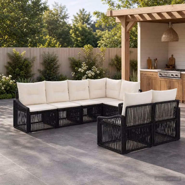 Set Divano da Giardino vidaXL a Forma di L con 7 Posti, Colore Nero, in Polyrattan e Metallo con Cuscini Inclusi