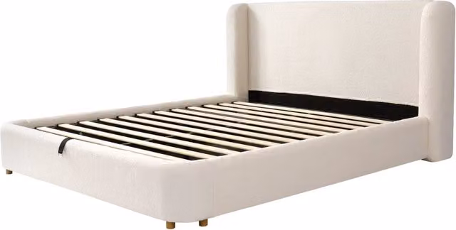 Letto matrimoniale imbottito con contenitore, rete a doghe e testiera in bouclé beige, 160 x 200 cm