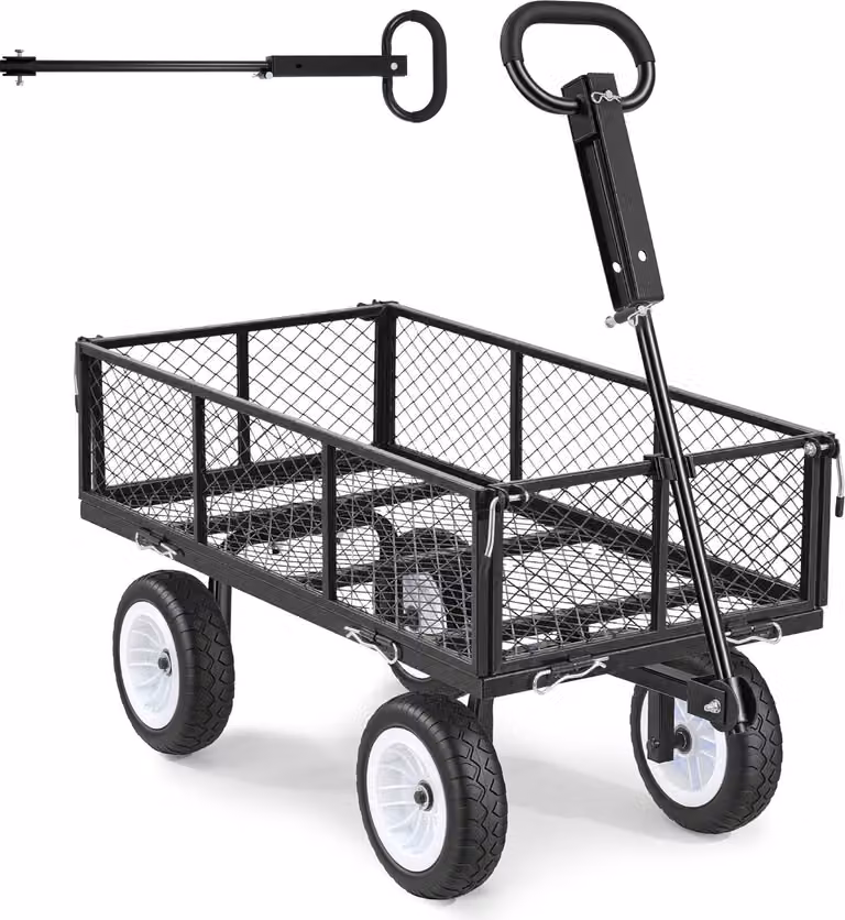Carrello a mano per carichi pesanti SucceBuy con capacità di carico di 408,2 kg, carrello da giardino con ruote in PU, carrello di trasporto con maniglia regolabile e pareti laterali rimovibili, carrello a mano da fissare ad ATV o trattore, nero