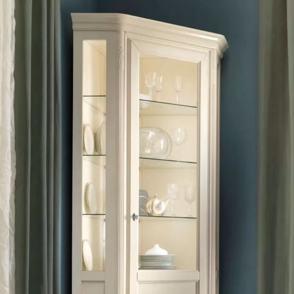 Vetrina angolo shabby chic in legno massello con porta in vetro e ripiani interni, laccata avorio, Mobili 2G, L: 76 cm, P: 76 cm, H: 215 cm – 4