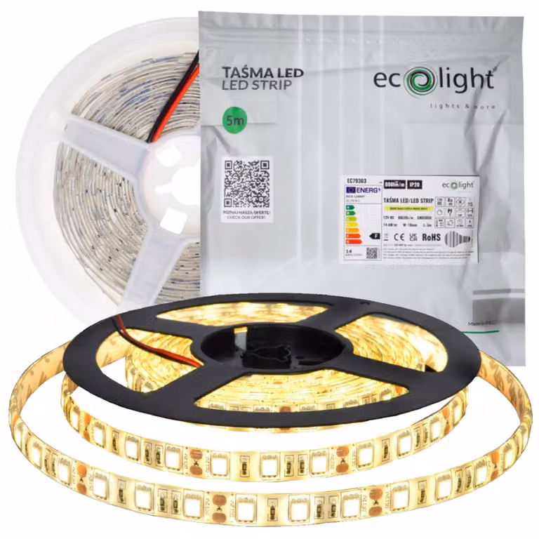 Striscia LED, 300 LED/metro, 14,4W/metro, 72W, 12V, grado di protezione IP20, luce calda, rotolo da 5 metri, 3000K