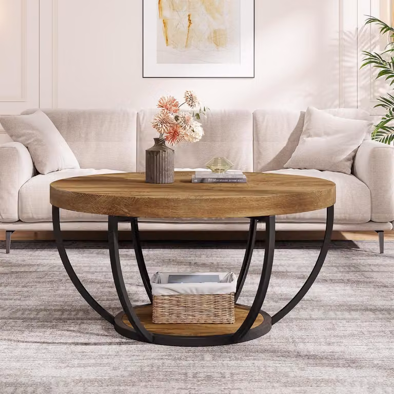 Tavolino rotondo in stile industriale, con due ripiani, in legno e metallo, color marrone chiaro, dimensioni 80x80x45 cm