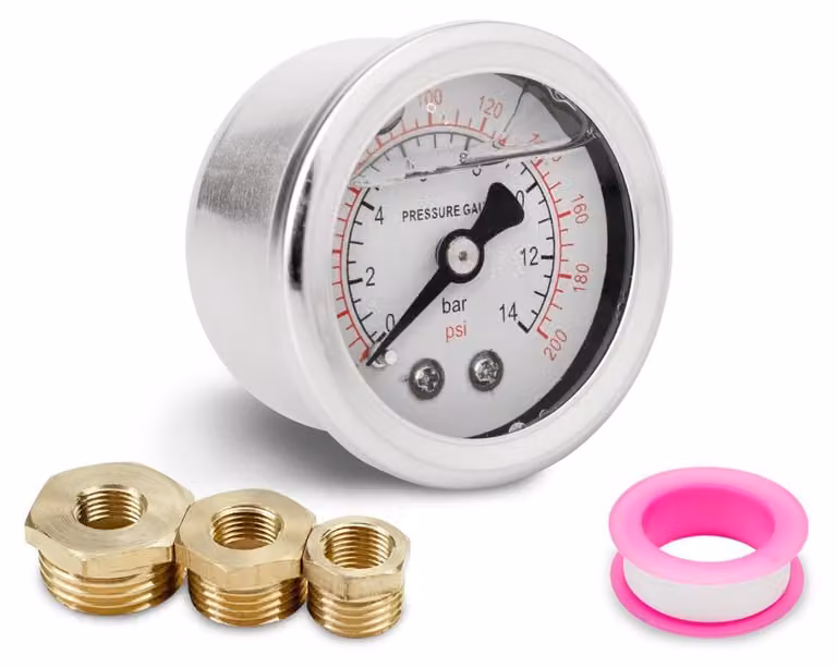 Manometro da 40 mm, attacco BSP 1/8", con range da 0 a 14 bar, completo di scatola e nastro in teflon