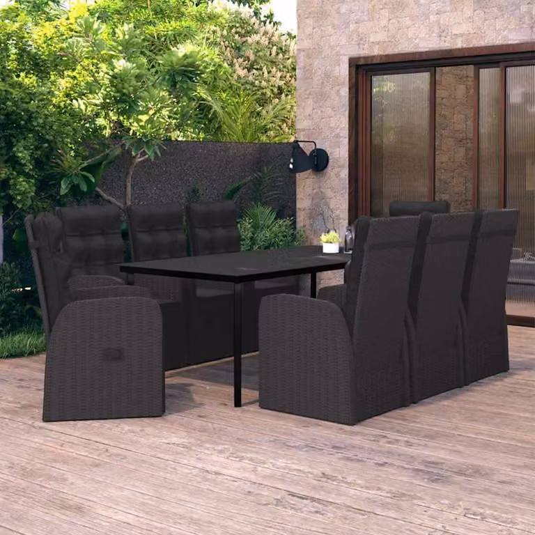 Set da Pranzo da Giardino vidaXL in Polyrattan Nero con Cuscini e Tavolo in Vetro, 9 Pezzi