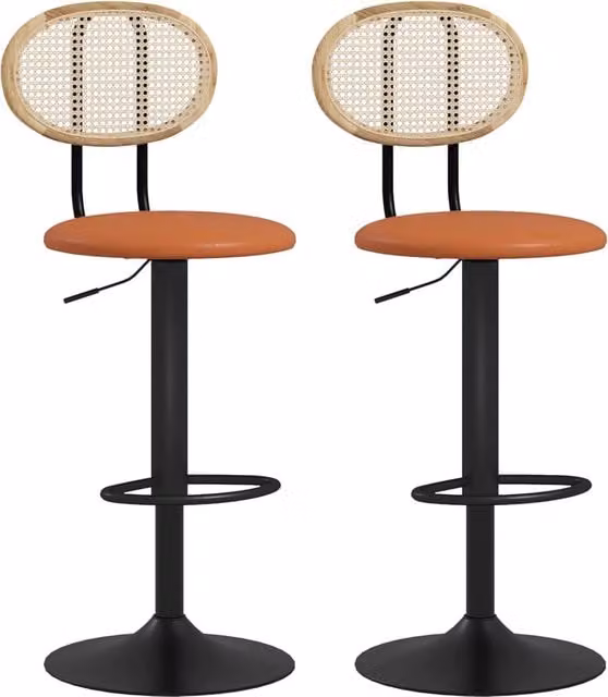 Set di 2 Sgabelli da Bar Minimal con Schienale in Rattan e Poggiapiedi Regolabile, Marrone