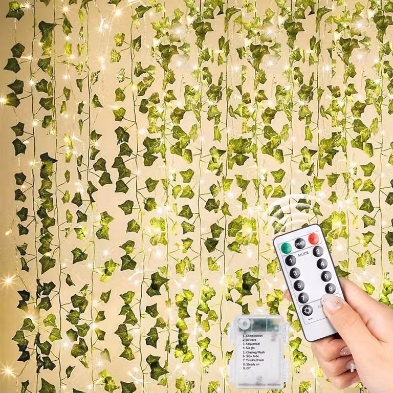 Catena luminosa a forma di edera, 80 LED, confezione da 12 pezzi, lunghezza 10 metri, luce bianco caldo, dimmerabile, con timer e telecomando