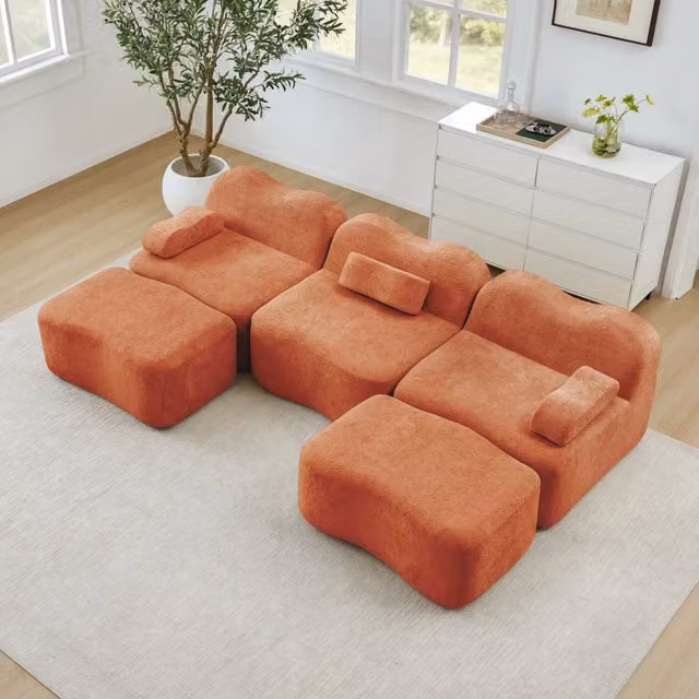 Divano modulare a forma di U 3 posti in velluto arancione con 2 pouf, schiuma 32D, 288 x 167 x 70 cm