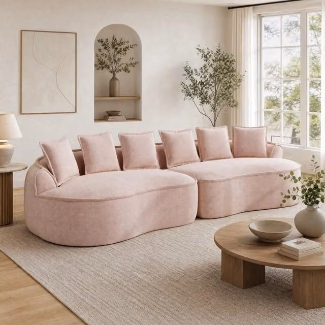 Divano modulare senza struttura in ciniglia rosa con chaise longue profonda