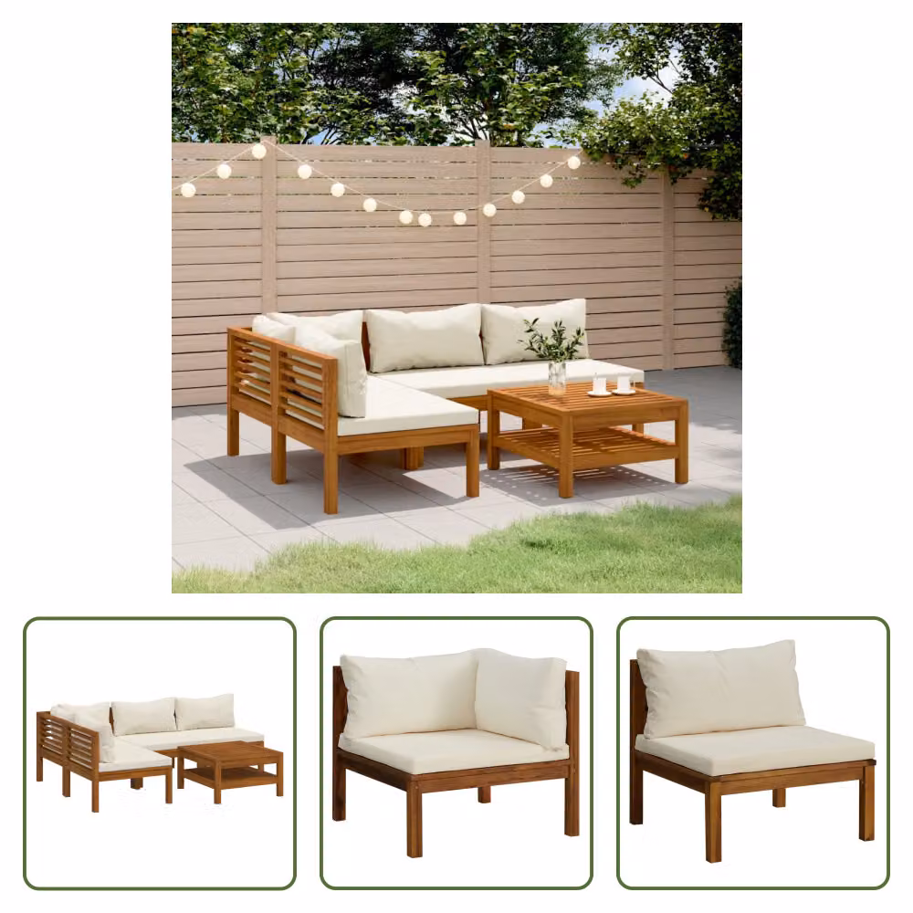The Living Store Set da salotto da giardino 5 pezzi con cuscini crema Legno massiccio di acacia