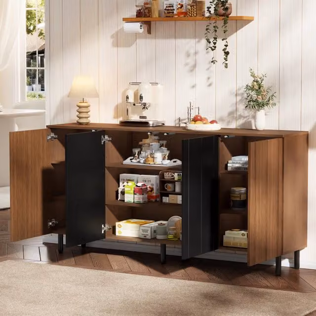Buffet moderno WISHDOR in MDF e metallo, finitura noce e nero opaco, con 4 ante e ripiani regolabili, L: 160 cm, P: 35 cm, H: 80 cm