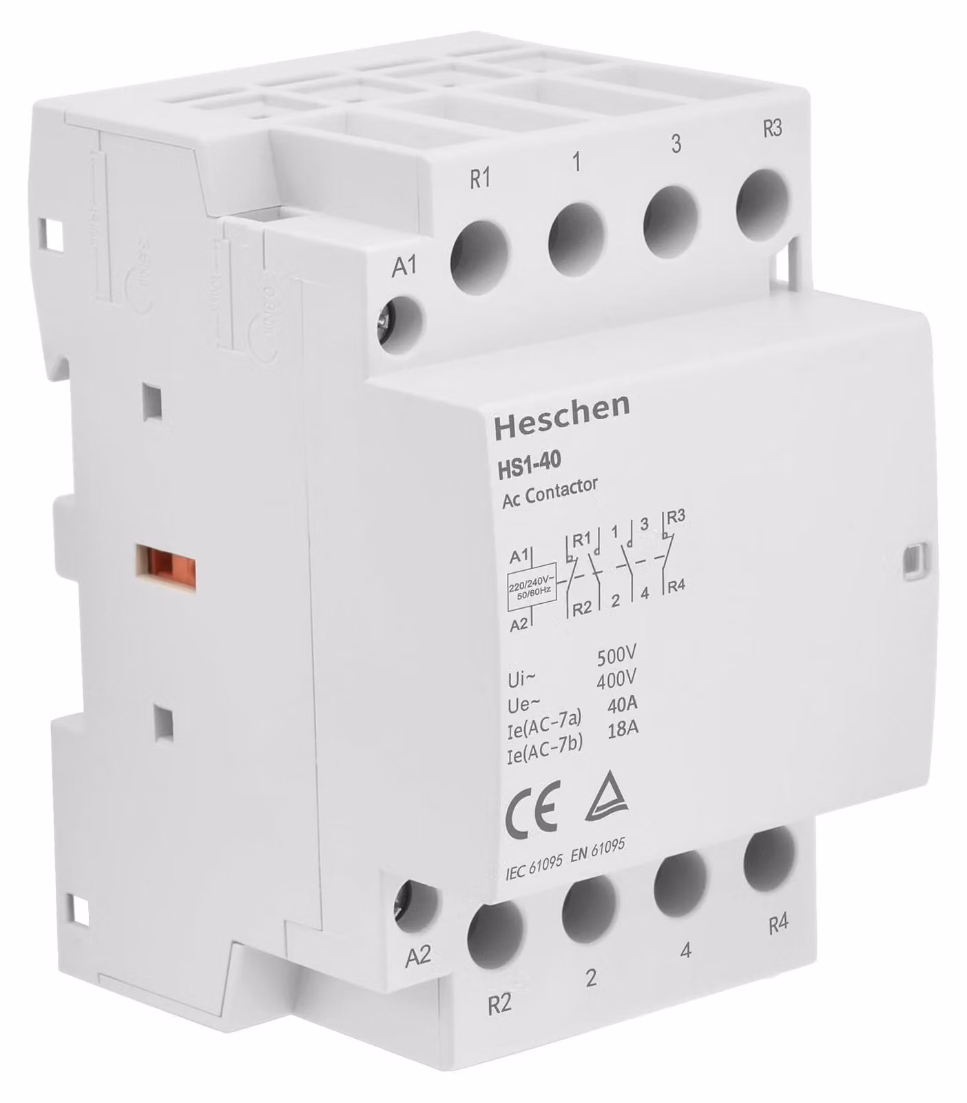Interruttore magnetotermico per uso domestico, modello HS1-40, 40A, 4 poli, 2 contatti normalmente aperti (2NO) e 2 contatti normalmente chiusi (2NC), tensione 220-240V