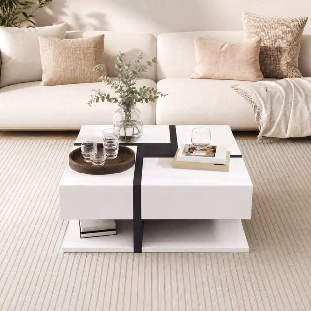 Tavolino basso quadrato Mivray con 4 cassetti e ripiano inferiore in MDF lucido bianco L: 78 cm, P: 78 cm, H: 36 cm