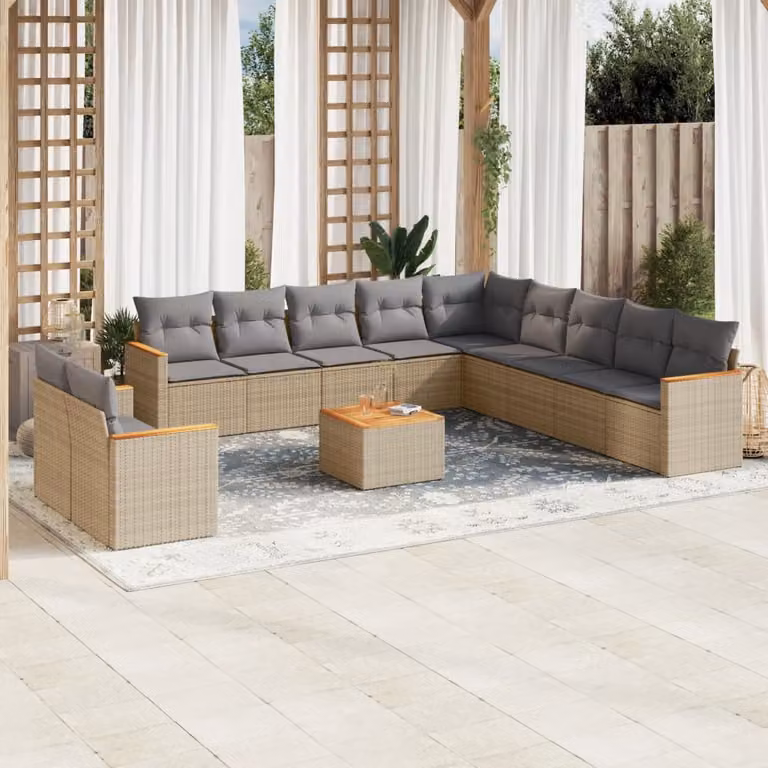 vidaXL Set Divano da Giardino a L in Polyrattan con Cuscini Beige e Grigio e Tavolino da Esterno