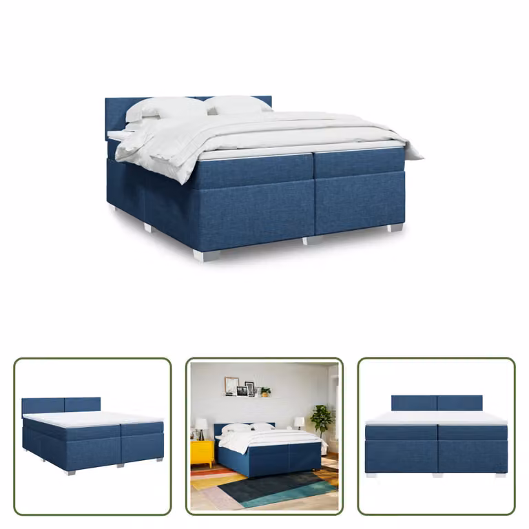 The Living Store Letto a molle con materasso blu 200x200 cm in tessuto