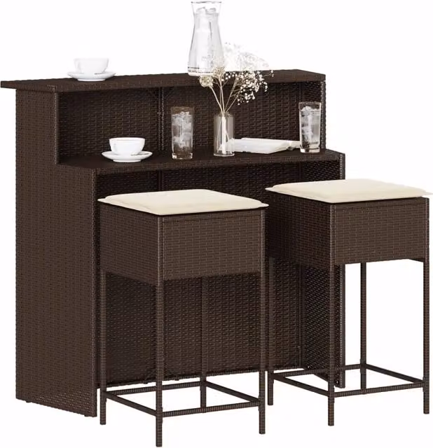 Set Bar da Giardino 3 pz con Cuscini in Polyrattan Marrone 3261484