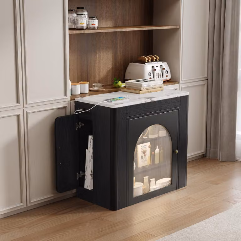 Tavolo da pranzo allungabile Flieks con mobile contenitore, tavolo da cucina con piano estraibile, credenza con led e funzione di ricarica, nero
