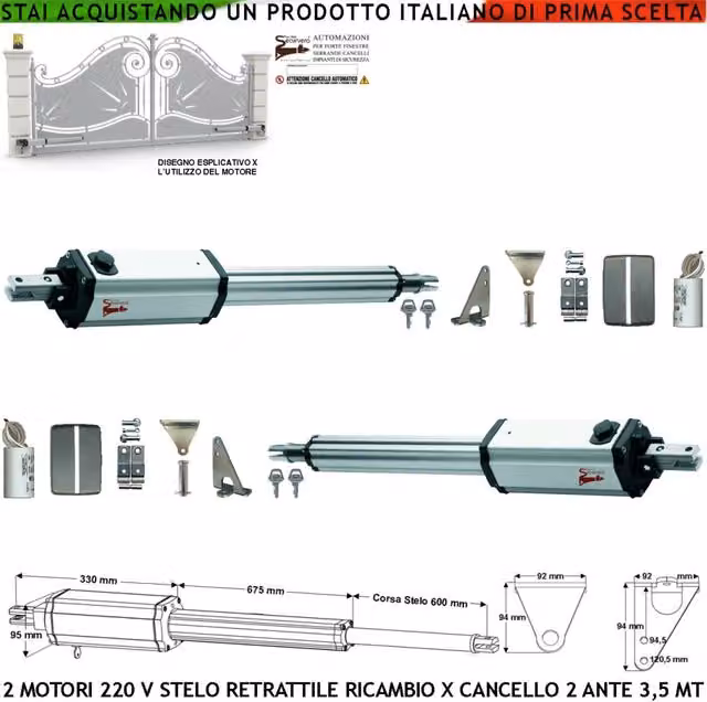 Pistoni Elettromeccanici 230 V Stelo Retrattile Corsa 600 mm 220 V Per Cancello Battente 7 Metri 2 Ante 3,5 Metri Spinta 250 Kg Sblocco a Chiave Ricambio Automatismo Completi di Staffe Bulloni