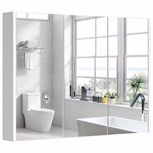 COSTWAY Armadietto Specchio Bagno con 3 Ante, 90 x 65 x 11 cm