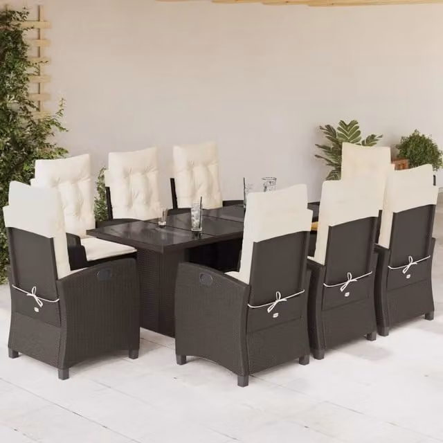 Set da pranzo da giardino vidaXL in polyrattan marrone e bianco con 9 pezzi e piano in vetro