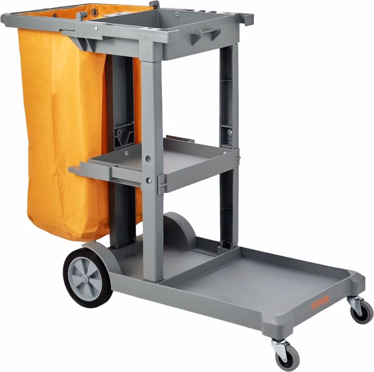 Carrello per la pulizia, carrello commerciale per la pulizia con 3 ripiani, carrello in plastica per la pulizia con capacità di 200 libbre, con sacco in PVC da 25 galloni, 47" x 20" x 38,6", giallo+grigio