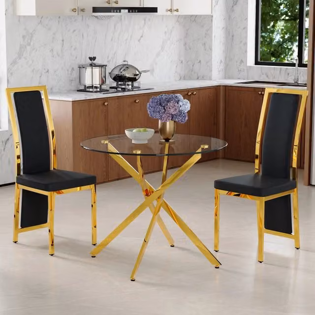Set tavolo da pranzo rotondo in vetro temperato con 2 sedie in pelle PU nero e oro