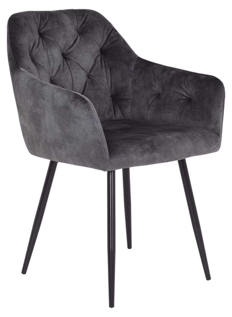 Sedia da pranzo con braccioli, rivestita in velluto grigio antracite, con gambe in metallo