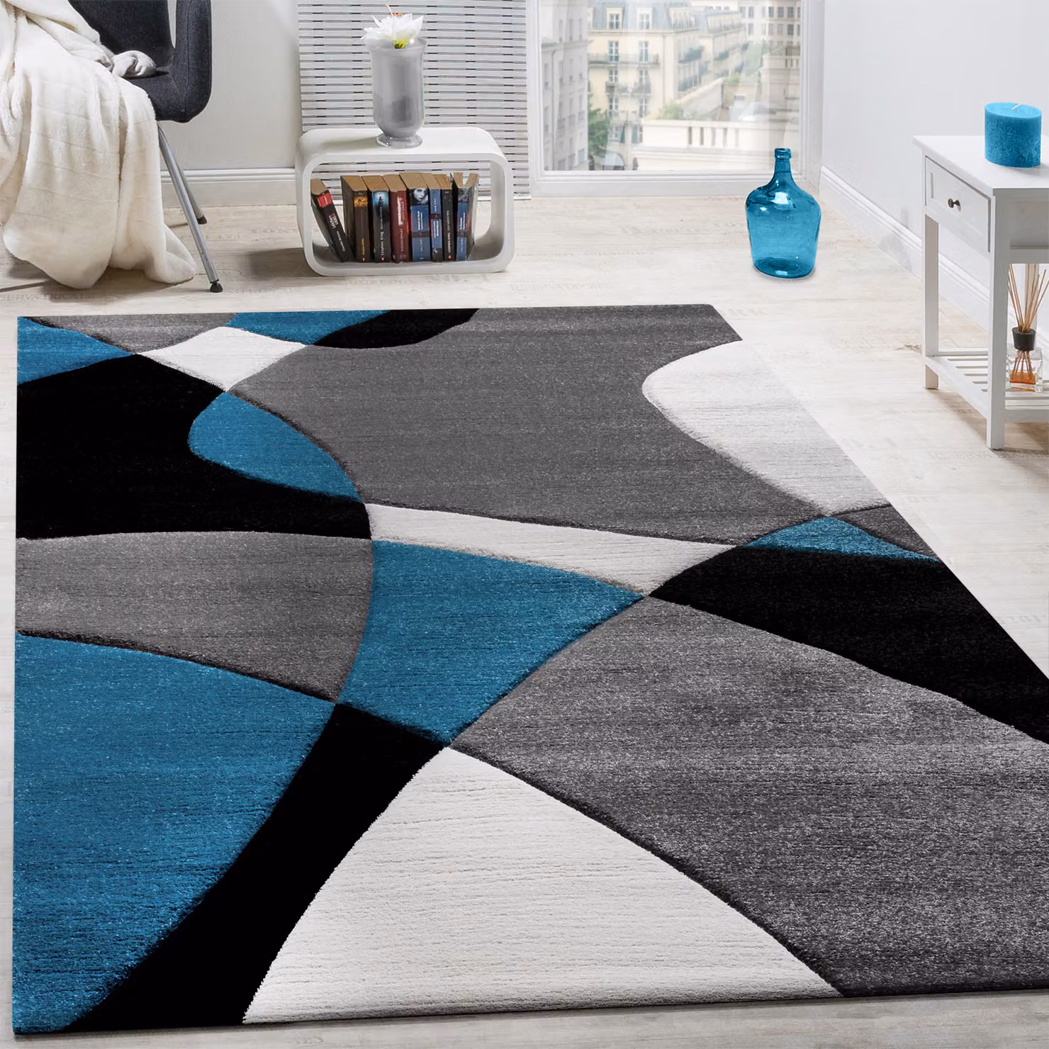 Tappeto moderno Diamora geometrico turchese, nero, bianco e grigio L: 300 cm, P: 80 cm – 3