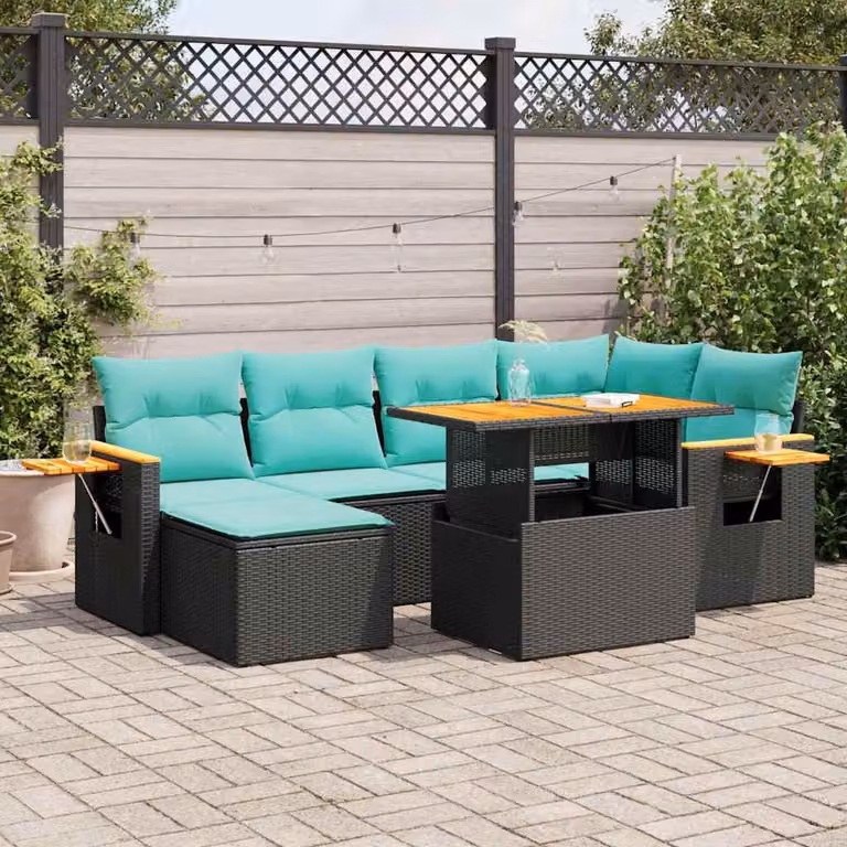 Set di divani da giardino vidaXL 7 pezzi in polyrattan con cuscini e tavolino, design moderno a L con struttura in legno di acacia e metallo