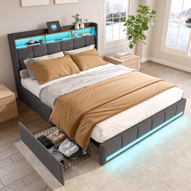 Letto 140 x 190 cm in lino grigio con illuminazione a LED, 4 cassetti in metallo, spazio di archiviazione nella testiera e porte USB/tipo C - Design moderno e pratico