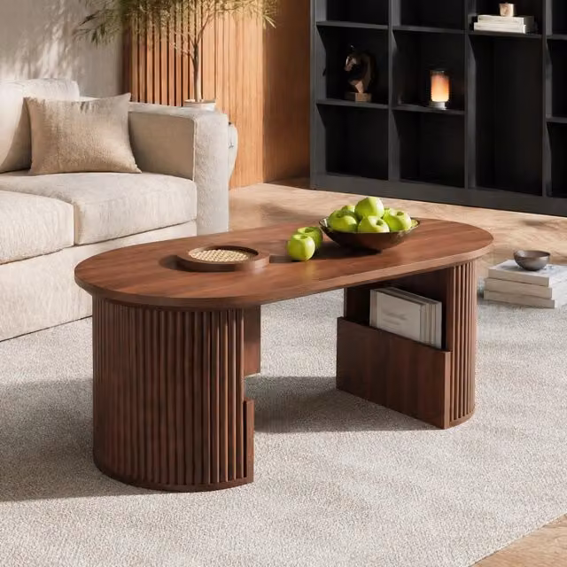 Tavolino basso ovale Mivray con vani integrati e ripiani aperti in MDF color noce L: 105 cm, P: 50 cm, H: 46.5 cm – 1