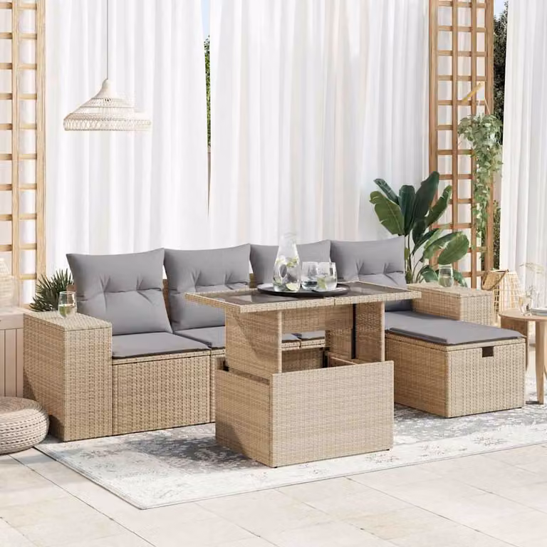 Set Divano da Giardino vidaXL 6 pz in Polyrattan con Cuscini Beige e Grigio a Forma di L per Terrazza e Giardino
