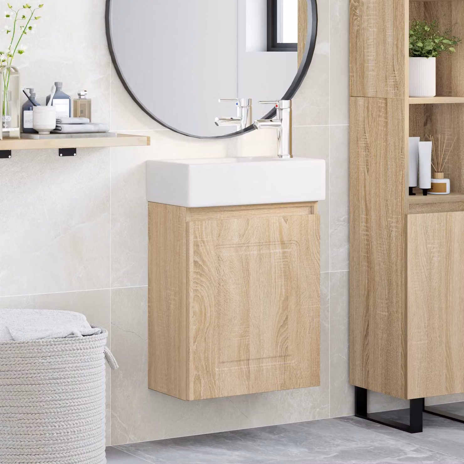 Mobile bagno con rubinetto vidaXL in Rovere Sonoma, L: 45,5 cm, P: 22,5 cm, H: 84 cm