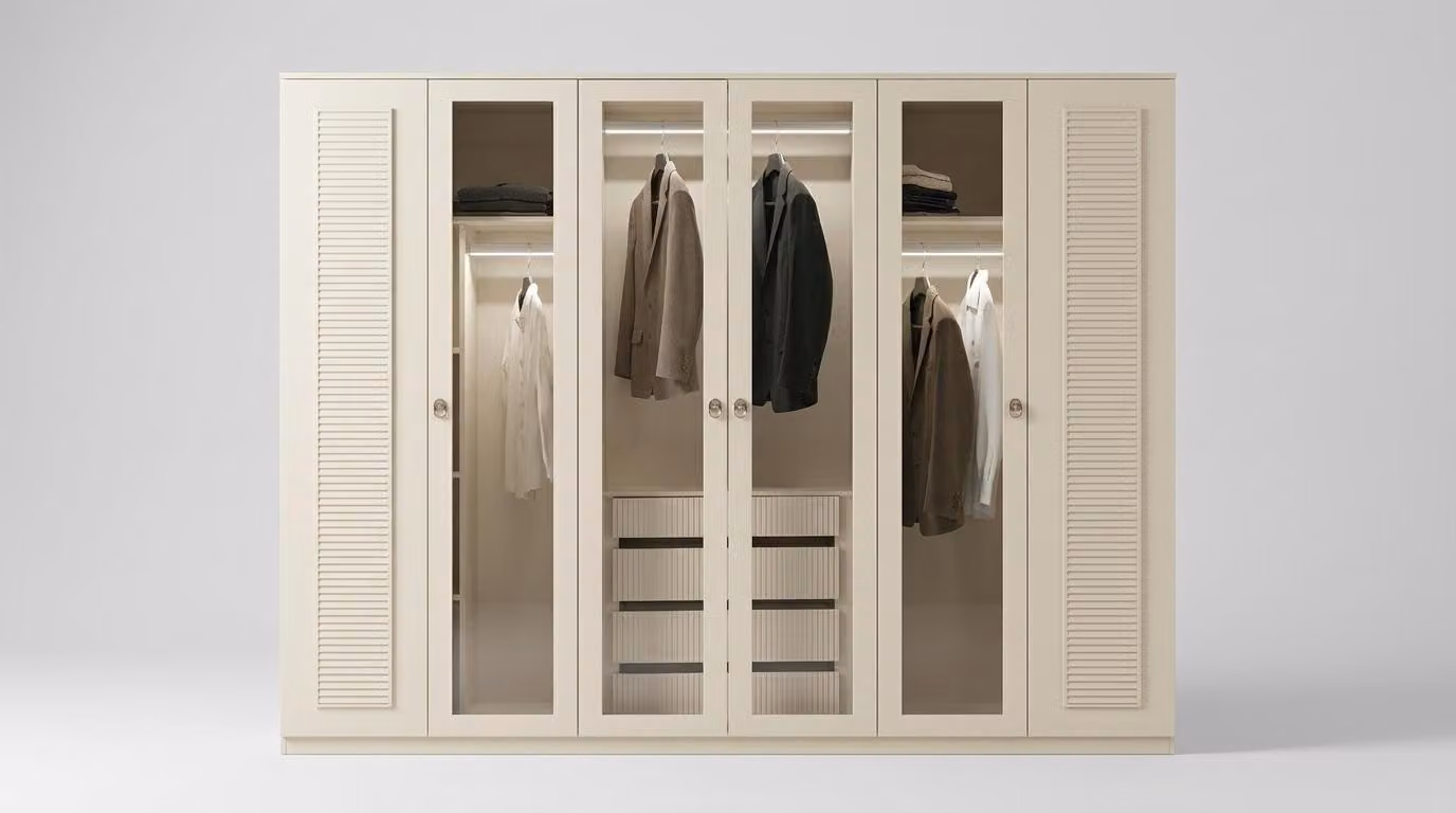 Armadio, design confortevole ed elegante, color beige, minimalista, spazioso, moderno, con vetro
