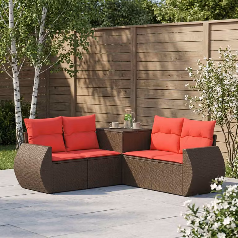 Set di divani da giardino vidaXL a forma di L con poltrona e cuscini, colore marrone e rosso, in polyrattan e metallo
