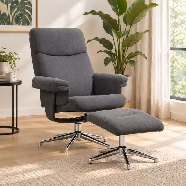 Poltrona relax reclinabile con poggiapiedi, grigio scuro, schienale manuale 130°